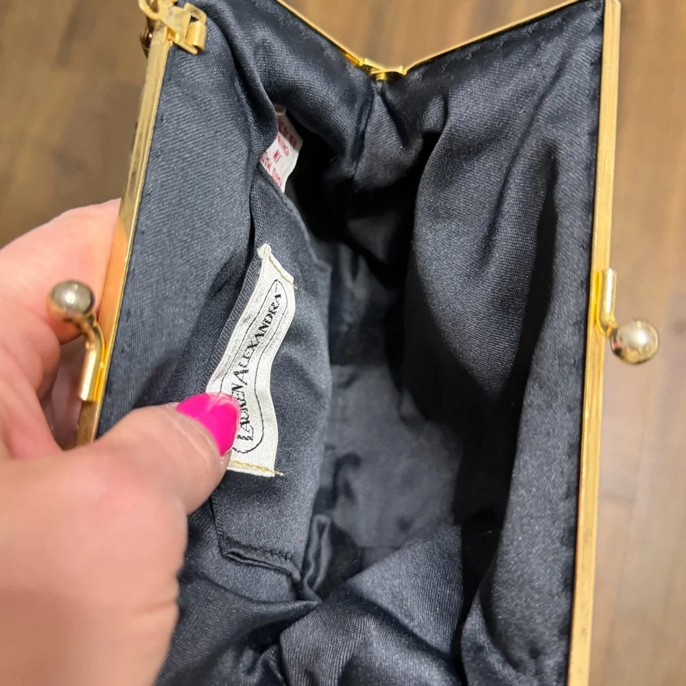 Lauren Alexandra Beaded Black and Gold Evening Bag kiss lock vintage swans - Picture 5 of 8